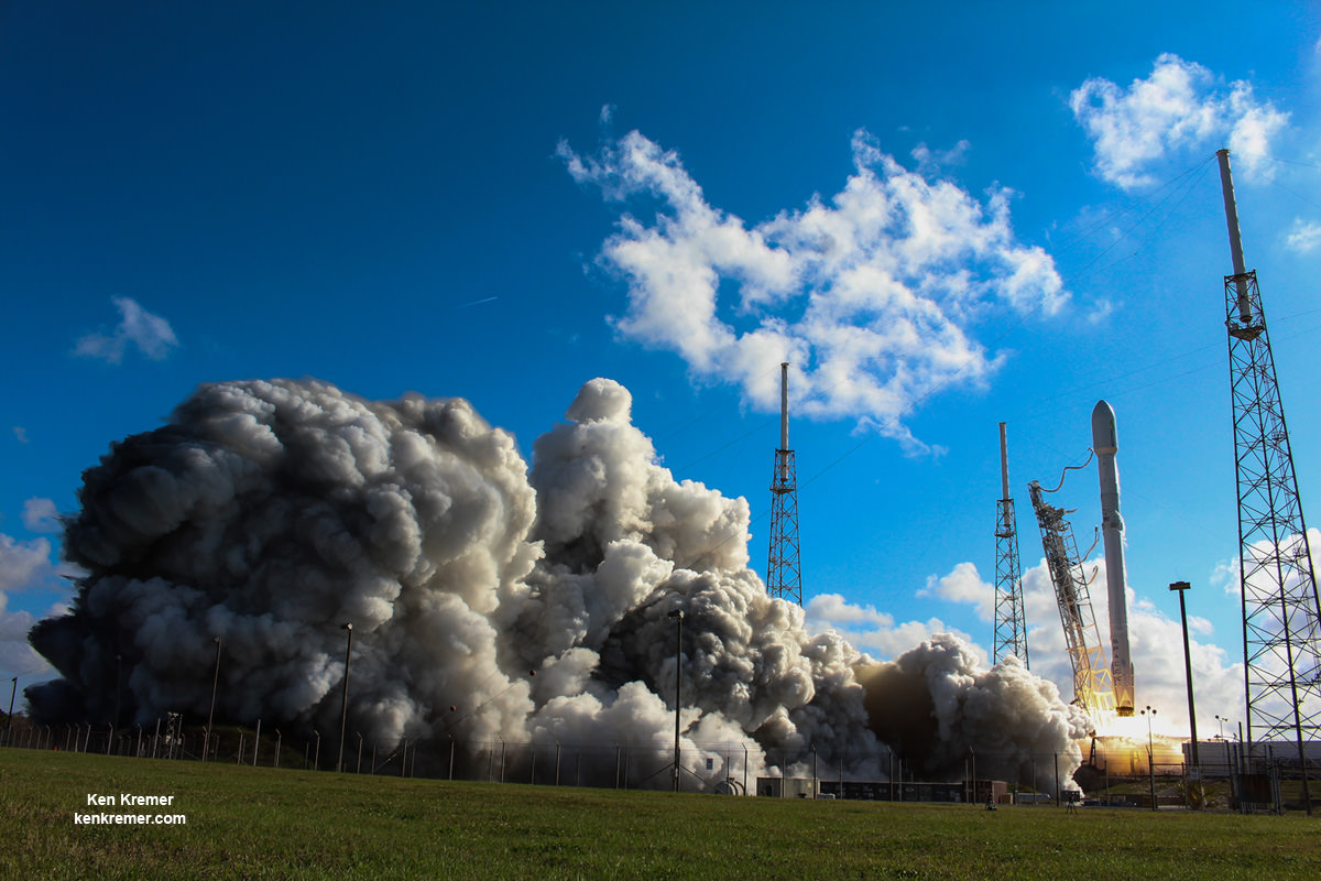 Upgraded SpaceX Falcon 9 blasts off with Thaicom-8 communications satellite on May 27, 2016 from Space Launch Complex 40 at Cape Canaveral Air Force Station, FL.  1st stage booster landed safely at sea minutes later.  Credit: Ken Kremer/kenkremer.com
