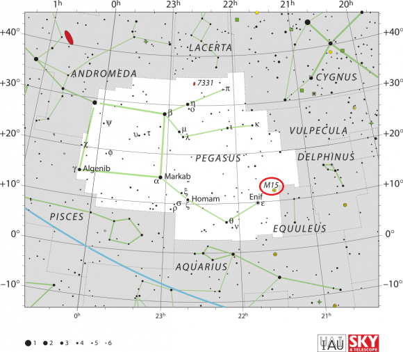 The location of M15, within the Pegasus Constellation. Credit: IAU and Sky & Telescope magazine (Roger Sinnott & Rick Fienberg)