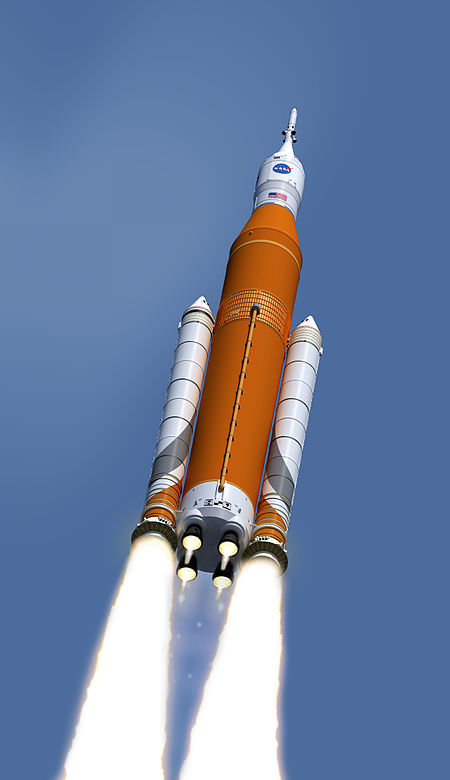 One of the objectives of the Space Force is to "reorient our space program toward human exploration of deep space." But NASA's been working on that for a while. An artist's interpretation of NASA's Space Launch System Block 1 configuration with an Orion vehicle. Image: NASA