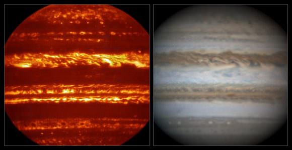 This view compares a lucky imaging view of Jupiter from VISIR (left) at infrared wavelengths with a very sharp amateur image in visible light from about the same time (right). Credit: ESO/L.N. Fletcher/Damian Peach