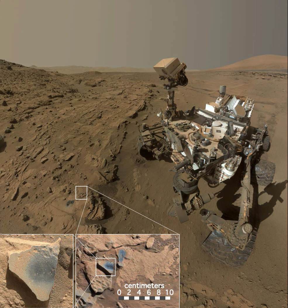 This scene shows NASA's Curiosity Mars rover at a location called "Windjana," where the rover found rocks containing manganese-oxide minerals, which require abundant water and strongly oxidizing conditions to form. Credits: NASA/JPL-Caltech/MSSS