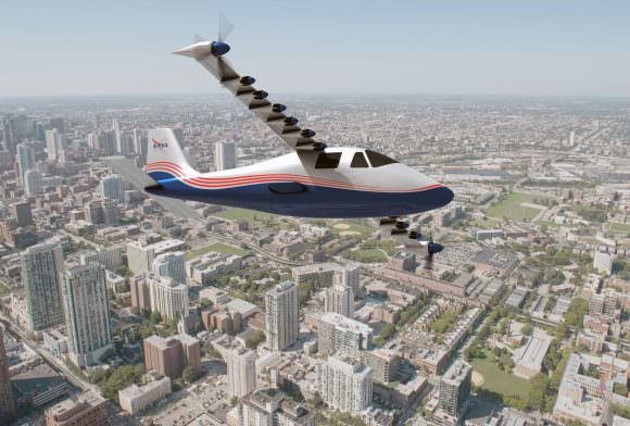 This artist's concept of NASA's X-57 Maxwell aircraft shows the plane's specially designed wing and 14 electric motors. Credits: NASA Langley/Advanced Concepts Lab, AMA, Inc.