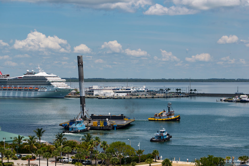 Recovered SpaceX Falcon 9 sails into Port Canaveral atop droneship on June 2, 2016. Credit: John Krauss 