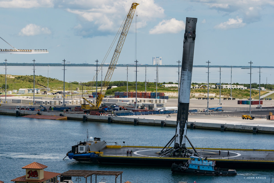 Recovered SpaceX Falcon 9 from Thaicom 8 mission sails into Port Canaveral atop droneship on June 2, 2016. Credit: John Krauss 