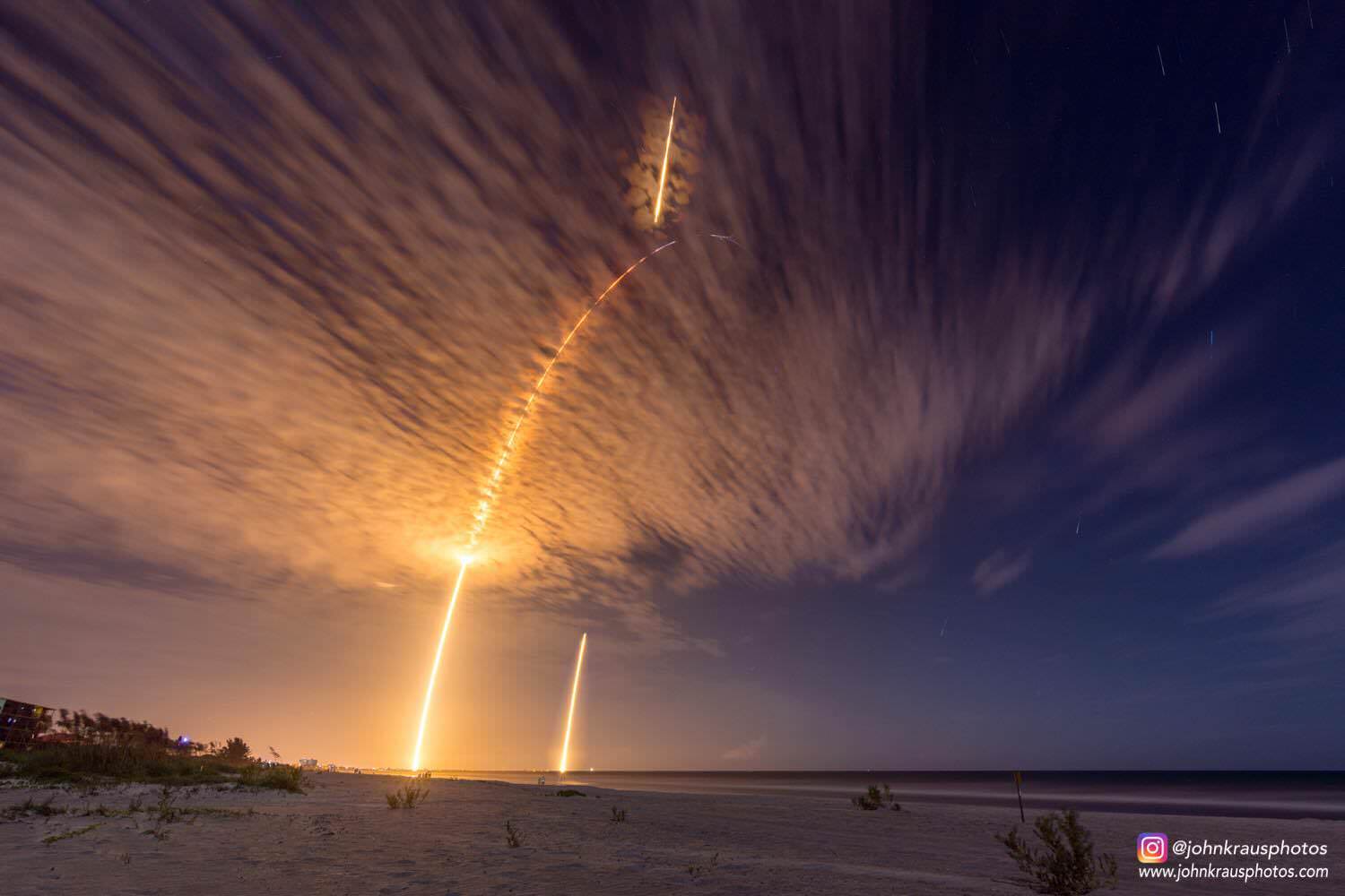 Streak shot of launch and landing of SpaceX Falcon CRS-9 mission from Cape Canaveral Air Force Station, Florida to the ISS on July 18, 2016 at 12:45 a.m. EDT. View from Satellite Beach, FL.  Credit: John Krauss/johnkraussphotos.com 