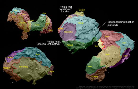 The 19 regions identified on Comet 67P/Churyumov–Gerasimenko are separated by distinct geomorphological boundaries. Following the ancient Egyptian theme of the Rosetta mission, they are named for Egyptian deities. They are grouped according to the type of terrain dominant within each region. Five basic categories of terrain type have been determined: dust-covered (Ma’at, Ash and Babi); brittle materials with pits and circular structures (Seth); large-scale depressions (Hatmehit, Nut and Aten); smooth terrains (Hapi, Imhotep and Anubis), and exposed, more consolidated (‘rock-like’) surfaces (Maftet, Bastet, Serqet, Hathor, Anuket, Khepry, Aker, Atum and Apis). All three landing sites (Philae initial and final sites and the planned resting place of the Rosetta orbiter) are located on the northern part of the "head" of the comet. Base map: ESA / Rosetta / MPS for OSIRIS Team MPS / UPD / LAM / IAA / SSO / INTA / UPM / DASP / IDA. Landing site locations: Emily Lakdawalla.