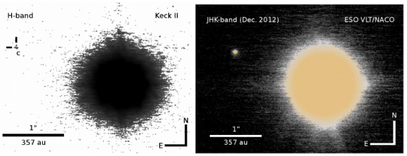 The star CVSO30, showing the two detection methods that revealed its exoplanet candidates. Credit: Keck Observatory/ESO/VLT/NACO