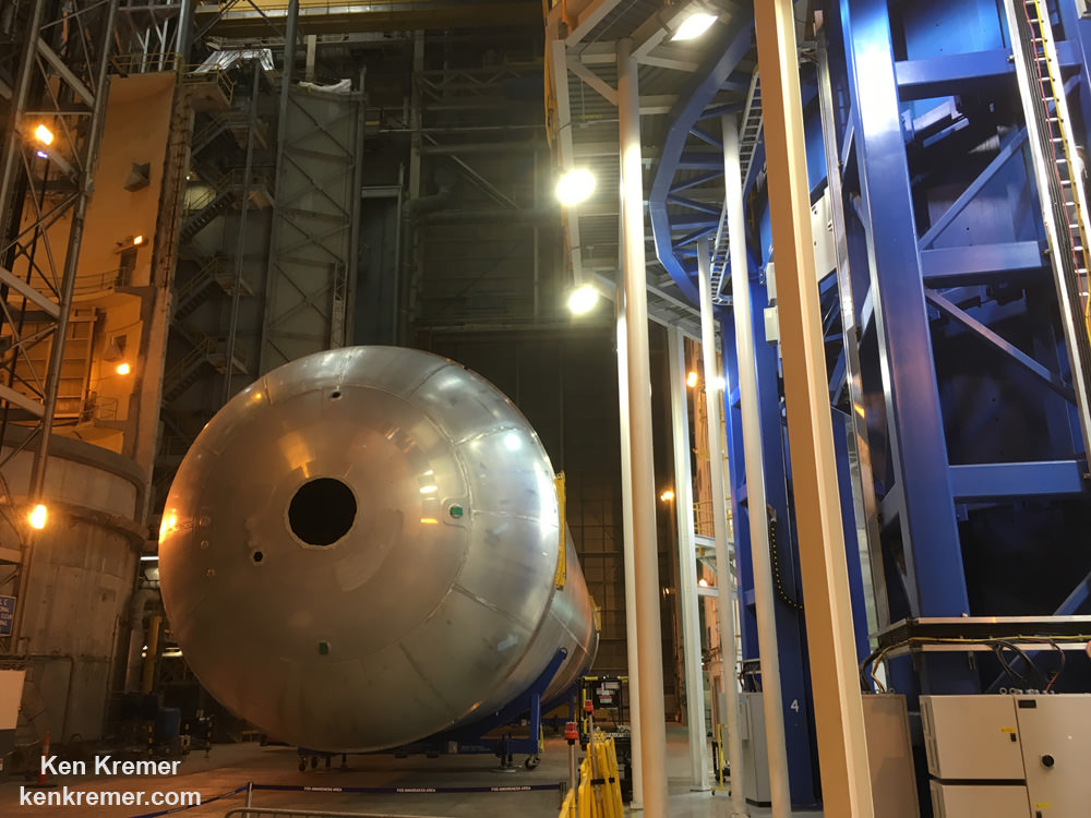 Up close view of the dome of the newly assembled first ever liquid hydrogen test tank for NASA's new Space Launch System (SLS) heavy lift rocket on July 22, 2016  after it was welded together at NASA’s Michoud Assembly Facility in New Orleans.  Sensors will be attached to both ends for upcoming structural loads and proof testing.  Credit: Ken Kremer/kenkremer.com