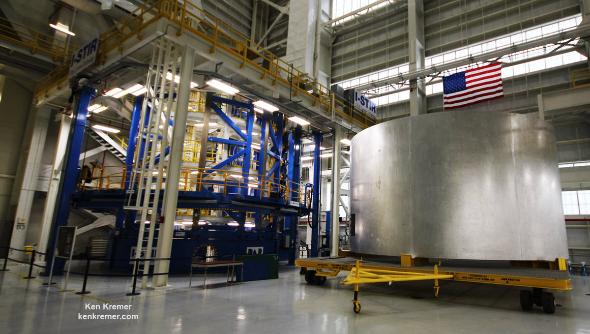 The Vertical Weld Center tool used to fabricate barrel segments for the SLS liquid hydrogen and oxygen core stage tanks via vertical friction stir welding operations at NASA’s Michoud Assembly Facility in New Orleans.  Credit: Ken Kremer/kenkremer.com