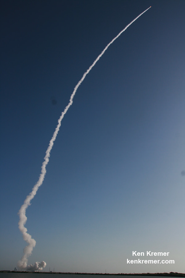 Atlas V rocket streaks to orbit on smoke and ash carrying NROL-61 spy satellite for the NRO  after launch on July 28, 2016 at 8:37 a.m. EDT from Cape Canaveral Air Force Station, FL.  Credit: Ken Kremer/kenkremer.com
