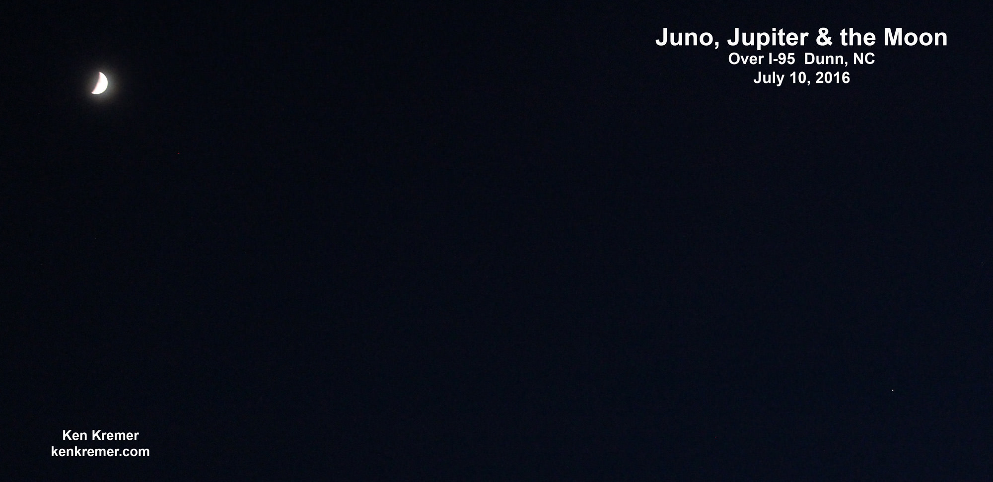 Juno, Jupiter and the Moon as seen from I-95 over Dunn, NC on July 10, 2016. Credit: Ken Kremer/kenkremer.com