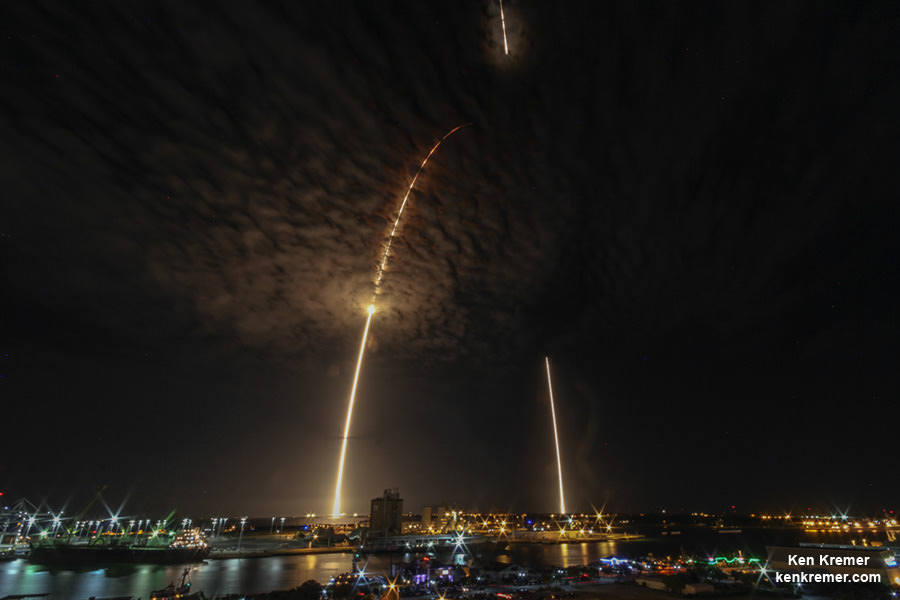 SpaceX Falcon 9 launches and lands over Port Canaveral in this streak shot showing  rockets midnight liftoff from Space Launch Complex 40 at Cape Canaveral Air Force Station in Florida at 12:45 a.m. EDT carrying Dragon CRS-9 craft to the International Space Station (ISS) with almost 5,000 pounds of cargo and docking port. View from atop Exploration Tower in Port Canaveral. Credit: Ken Kremer/kenkremer.com  
