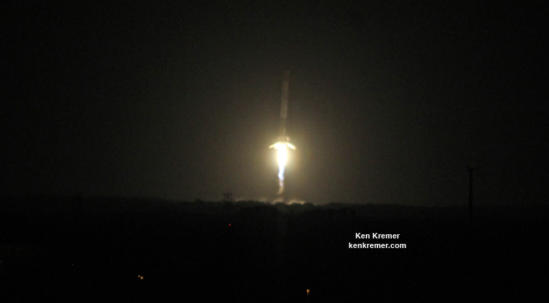 Moments before dramatic touchdown of SpaceX Falcon 9 1st stage at Landing Zone-1 (LX-1) accompanied by sonic booms after launching Dragon CRS-9 supply ship to orbit from Cape Canaveral Air Force Station, Florida at 12:45 a.m., bound for the International Space Station (ISS).   Credit: Ken Kremer/kenkremer.com