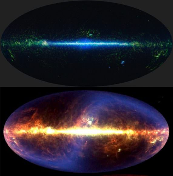 . Credit: NASA/JPL-Caltech/UCLA (top), NASA/DIRBE Team/COBE/ (bottom)