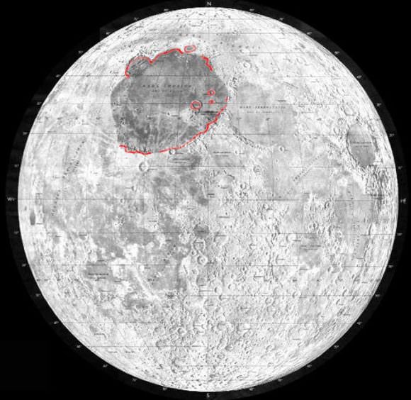 Mare Imbrium or the Sea of Showers is highlighted in this map of the moon. The other large, dark spots are also basins created from asteroid impacts. Credit: NASA