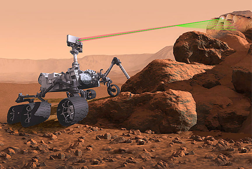 The microphone for the upcoming Mars mission will be attached to the SuperCam, seen here in this illustration zapping a rock with its laser. Credit: NASA/JPL-Caltech