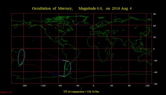 The footprint of the August 4th occultation of Mercury by the Moon. Image credit: Occult 4.2 software.