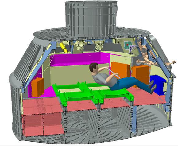 In this cutaway of the Orion crew module, the ROCKY exercise device in blue sits below the side hatch astronauts will use to get in and out of the spacecraft. Credit: NASA