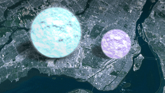A neutron star (~25km across) next to a quark star (~16km across). Original Image Credit: NASA's Goddard Space Flight Center