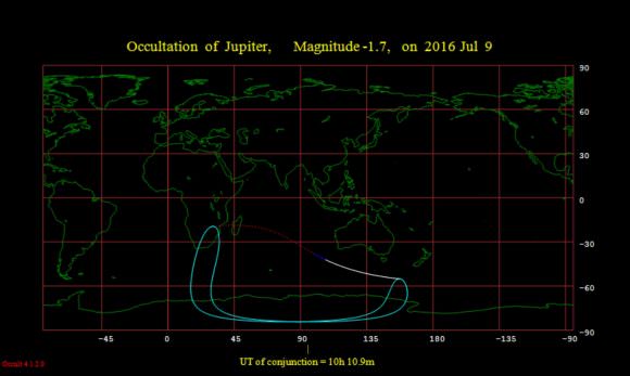 The occultation footprint for the July 9th event. Image credit: Occult 4.2 software.