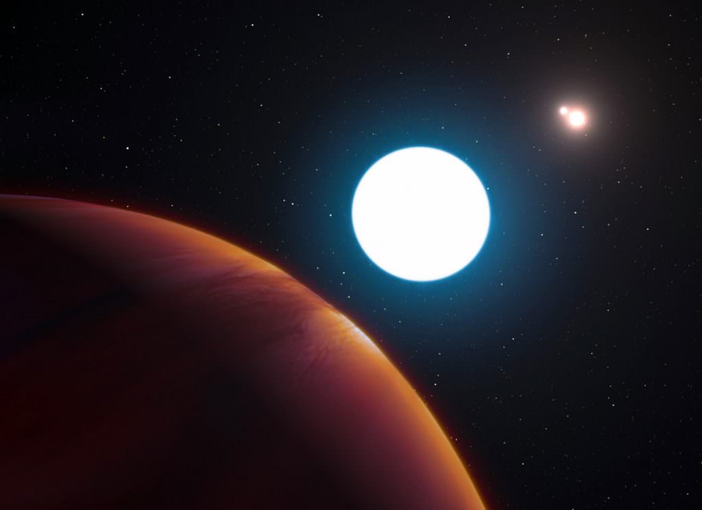 This artist's impression shows a view of the triple star system HD 131399 from close to the giant planet orbiting in the system. The planet is known as HD 131399Ab and appears at the lower-left of the picture. Credit: ESO / L. Calcada