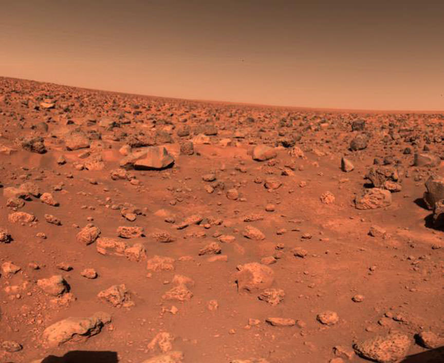 The first color picture taken by Viking 2 on the Martian surface shows a rocky reddish surface much like that seen by Viking 1 more than 4000 miles away. Credit: NASA