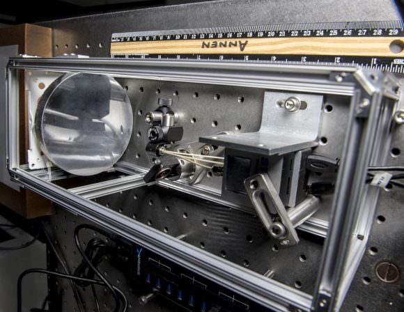 The laboratory breadboard that is being used to test a conceptual telescope for use on CubeSat missions. Credits: NASA/W. Hrybyk