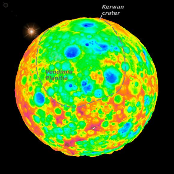 The top of this false-color image includes a grazing view of Kerwan, Ceres’ largest impact crater. This well-preserved crater is 280 km (175 miles) wide and is well defined with red-yellow high-elevation rims and a deep central depression shown in blue. Kerwan gradually degrades as one moves toward the center of the image into an 800-km (500-mile) wide, 4-km (2.5-mile) deep depression (in green) called Vendimia Planitia. This depression is possibly what’s left of one of the largest craters from Ceres’ earliest collisional history. Credit: SwRI/Simone Marchi.