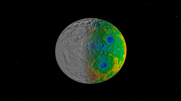 Scientists with NASA's Dawn mission were surprised to find that Ceres has no clear signs of truly giant impact basins. This image shows both visible (left) and topographic (right) mapping data from Dawn. Credit: NASA/JPL-Caltech/SwRI.