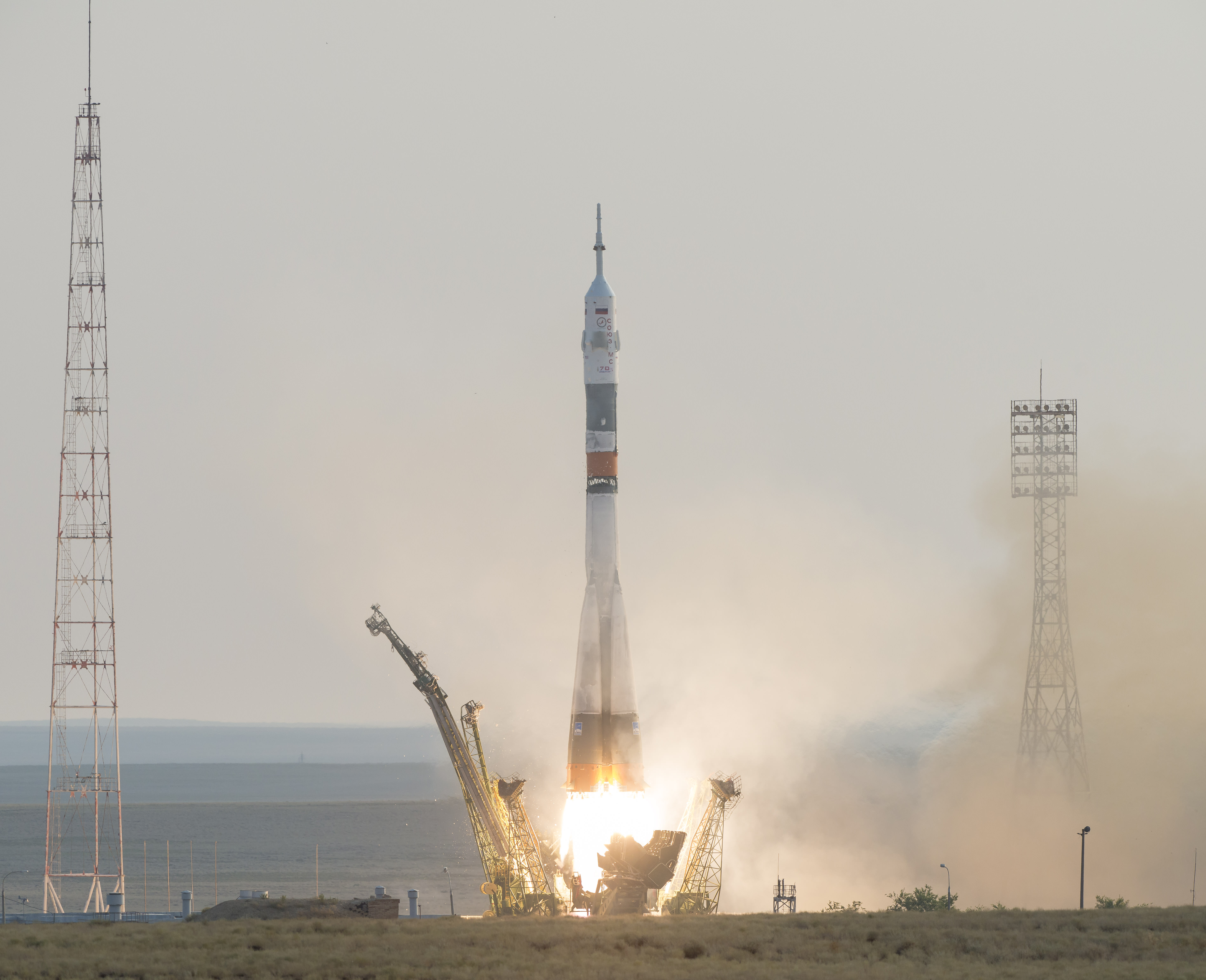 The Soyuz MS-01 spacecraft launches from the Baikonur Cosmodrome with Expedition 48-49 crewmembers Kate Rubins of NASA, Anatoly Ivanishin of Roscosmos and Takuya Onishi of the Japan Aerospace Exploration Agency (JAXA) onboard, Thursday, July 7, 2016 , Kazakh time (July 6 Eastern time), Baikonur, Kazakhstan. Rubins, Ivanishin, and Onishi will spend approximately four months on the orbital complex, returning to Earth in October. Photo Credit: NASA/Bill Ingalls