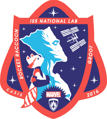 This mission patch, featuring Groot and Rocket Racoon, will adorn all cargo going to CASIS labs in 2016. Credit: iss-casis.org