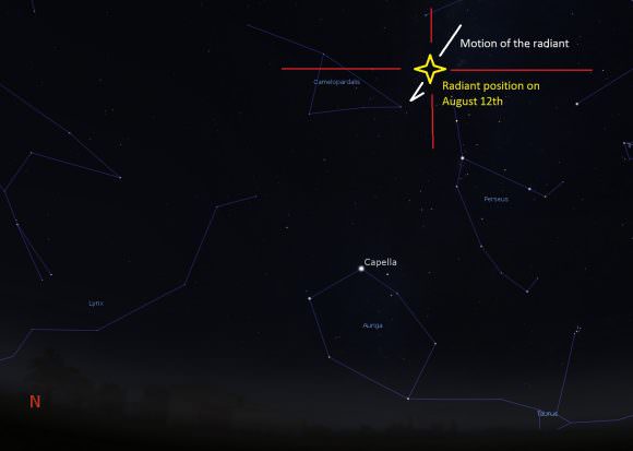 Looking to the northeast from latitude 50 degrees north at 1AM local on the morning of August 12th. Image credit: Stellarium. 