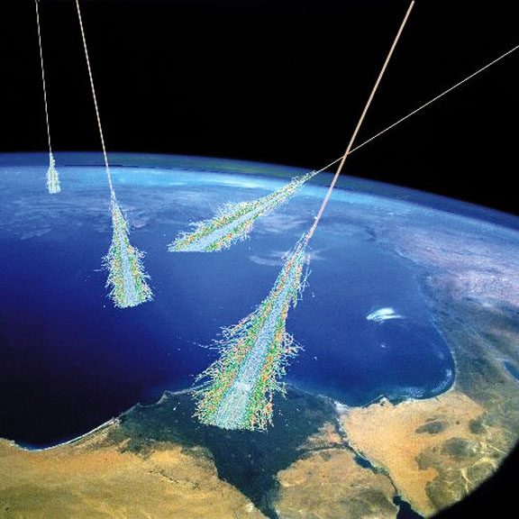 Cosmic rays strike our atmosphere all the time, but their energy is spent creating showers of secondary, less energetic particles. Credit: Simon Swordy, University of Chicago, NASA