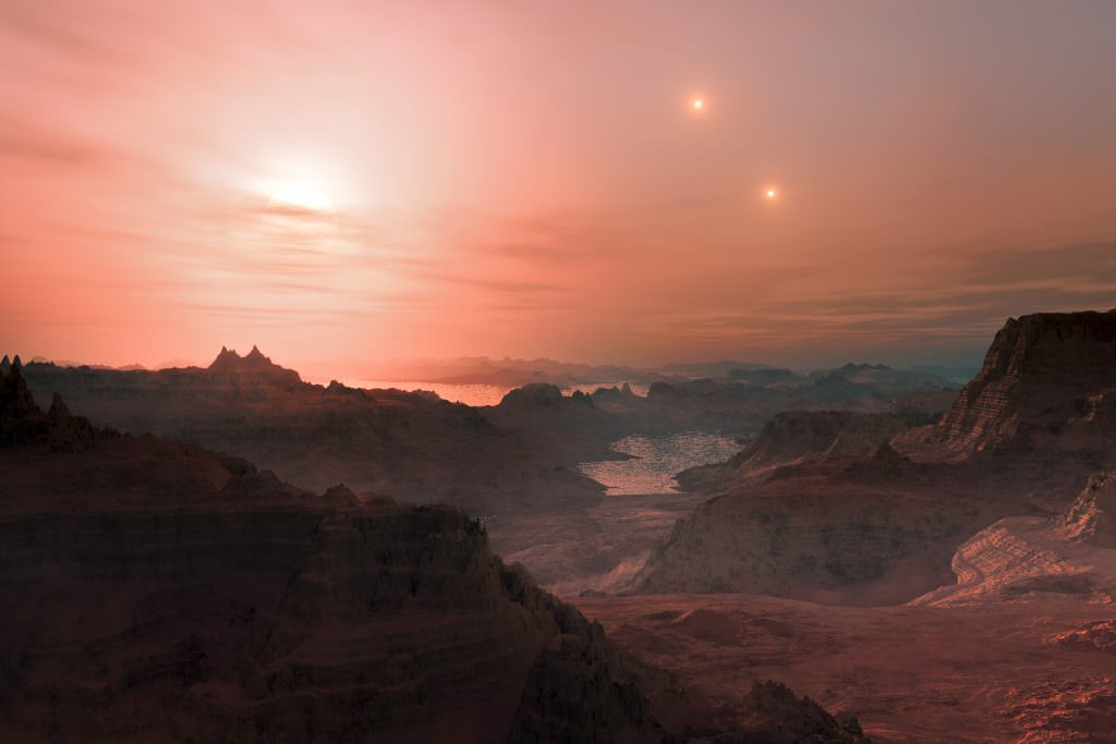 Artist’s impression of a sunset seen from the surface of an Earth-like exoplanet. Credit: ESO/L. Calçada 