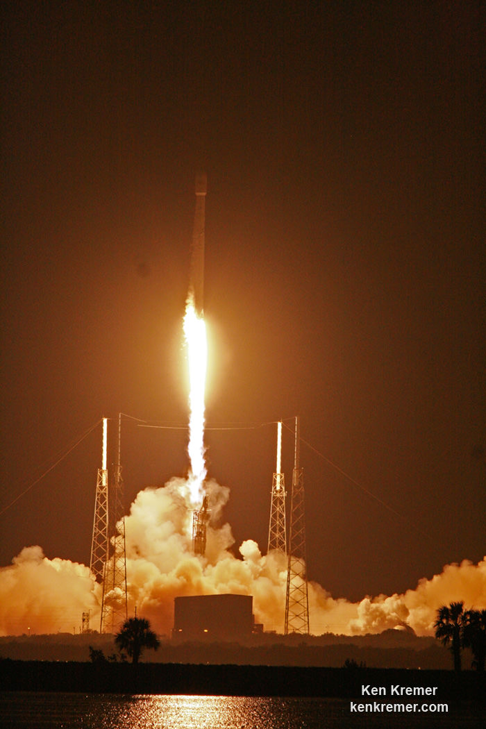 Launch of SpaceX Falcon 9 carrying JCSAT-16 Japanese communications satellite to orbit on Aug. 14, 2016 at 1:26 a.m. EDT from Space Launch Complex 40 at Cape Canaveral Air Force Station, Fl.  Credit: Ken Kremer/kenkremer.com 