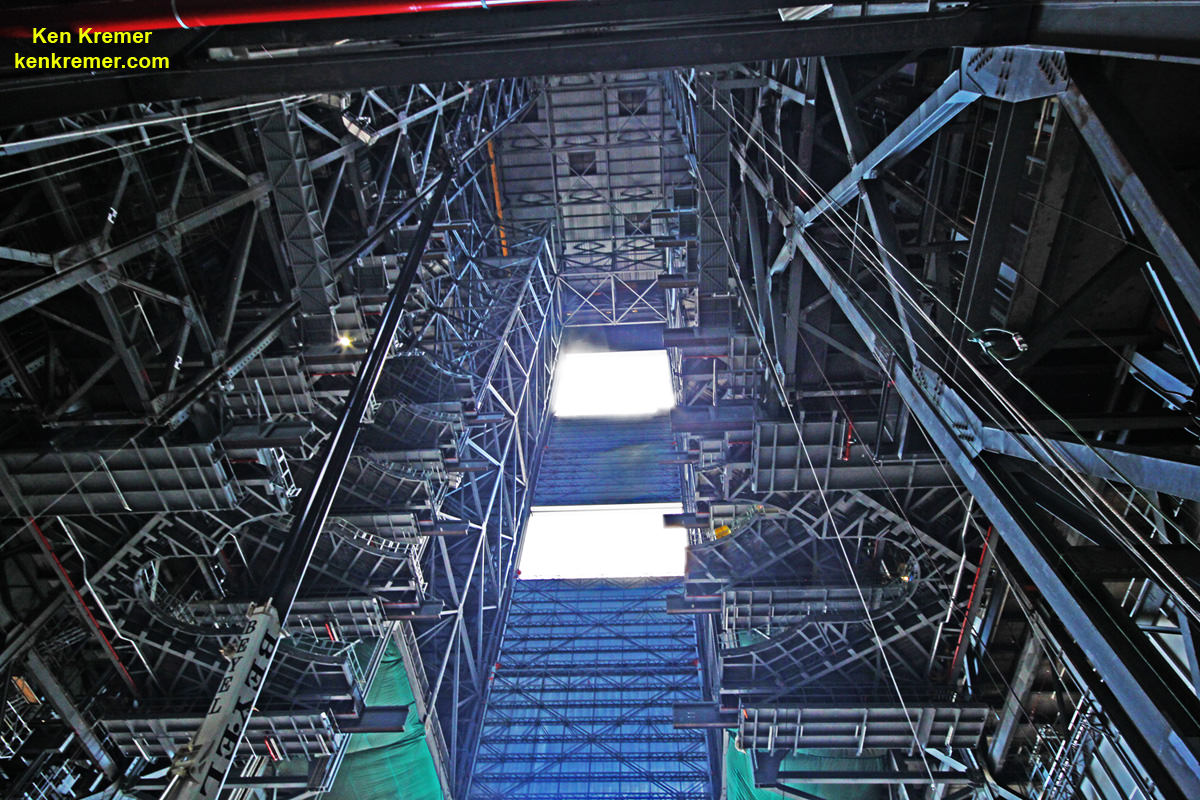 Looking up to the 5 pairs of newly installed massive work platforms inside High Bay 3 of the Vehicle Assembly Building required to assemble NASA’s Space Launch System rocket at the Kennedy Space Center in Florida.  Credit: Ken Kremer/kenkremer.com