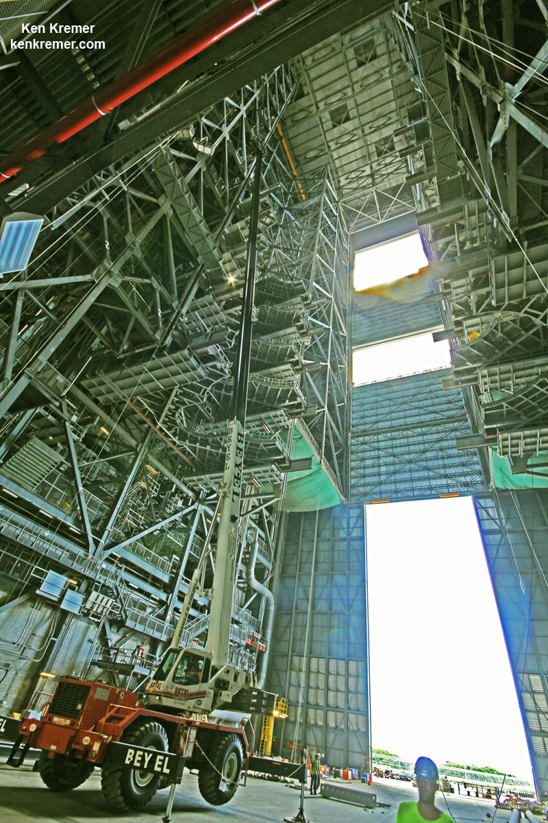 Looking up to the 5 pairs of newly installed massive work platforms inside High Bay 3 of the Vehicle Assembly Building on July 28, 2016 during exclusive facility visit by Universe Today.  The new platforms are required to give technicians access to assemble NASA’s Space Launch System rocket at the Kennedy Space Center in Florida.  Credit: Ken Kremer/kenkremer.com
