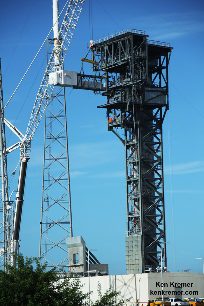 The Crew Access Tower after installation of the Crew Access Arm and White Room for Boeing's CST-100 Starliner spacecraft on Aug. 15, 2016 at Space Launch Complex 41 on Cape Canaveral Air Force Station, Fl. Credit: Ken Kremer/kenkremer.com