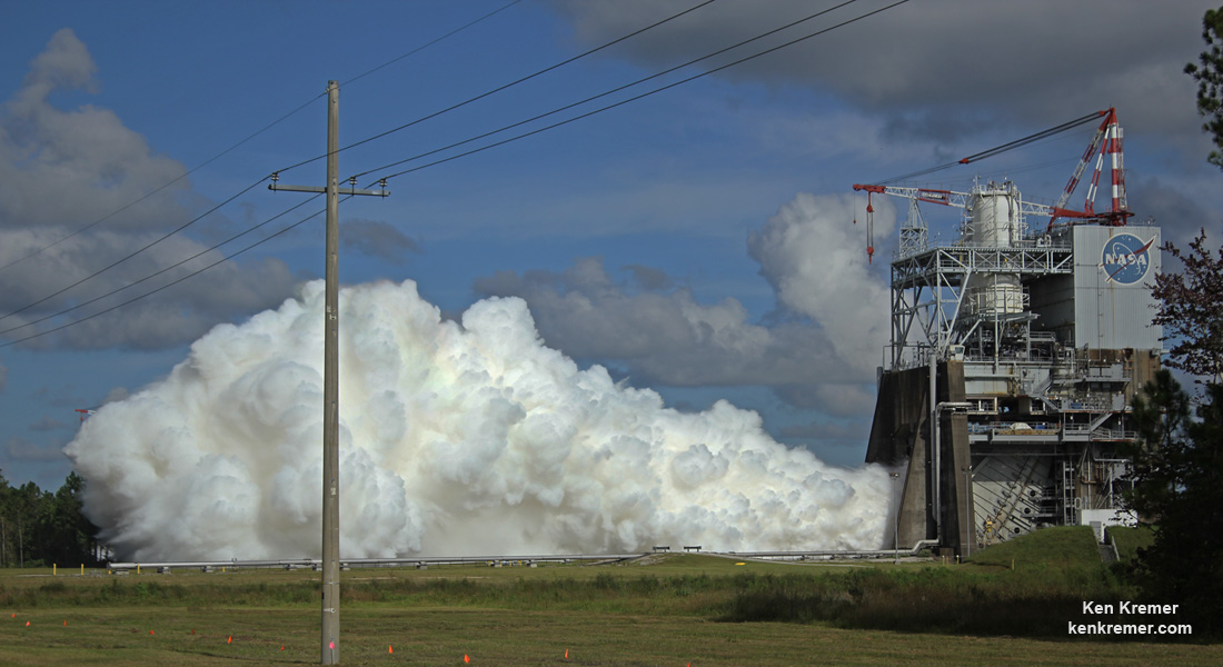 Ignition of the RS-25 engine creates a huge plume of steam gushing out the test stand during successful  hot fire development test on Thursday, Aug. 18 at NASA’s Stennis Space Center near Bay St. Louis, Miss., in this panoramic view.  The RS-25 will help power the core stage of the agency’s new Space Launch System (SLS) rocket for the journey to Mars.  Credit: Ken Kremer/kenkremer.com 