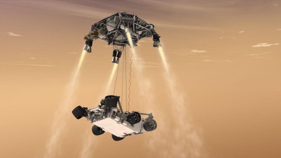 Artist's impression of the Mars 2020 with its sky crane landing system deployed. Credit: NASA/JPL