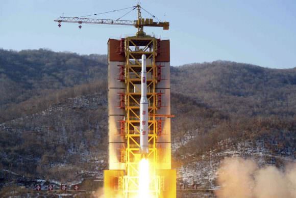 Image released by the Korean Central News Agency (KCNA) of the rocket said to be carrying North Korea's Kwangmyongsong-4 satellite, Feb.7, 2016. Credit: AP