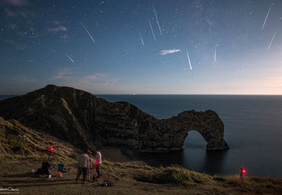 A composite photo, made from images taken last night August 11-12 from the UK, captures multiple Perseids. Credit: Peter Greig