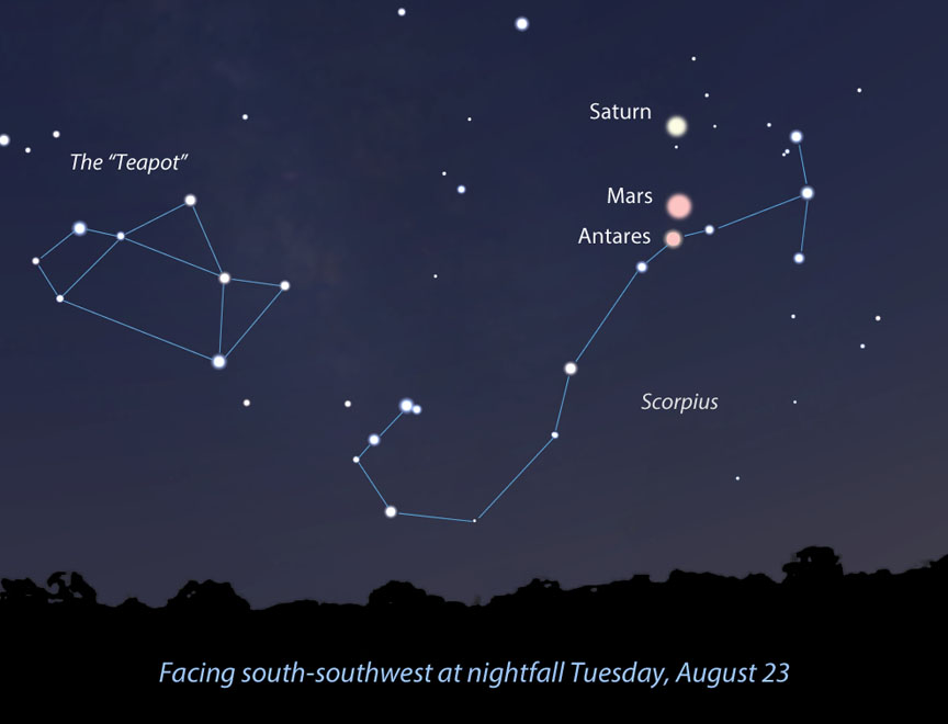 This will be the scene facing south at nightfall from the central U.S. on Tuesday night August 23. The two planets and star form a compact gathering that's sure to grab your attention. Credit: Stellarium