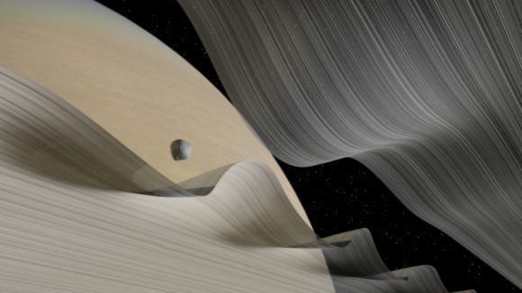 Gill's rendition of a side-angled look at Saturn's moon of Daphnis moving through the Keeler Gap. Credit: Kevin GIll/Flickr