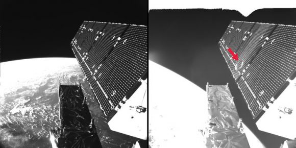 The picture shows Sentinel-1A’s solar array before and after the impact of a millimetre-size particle on the second panel. The damaged area has a diameter of about 40 cm, which is consistent on this structure with the impact of a fragment of less than 5 millimetres in size. Credit: ESA