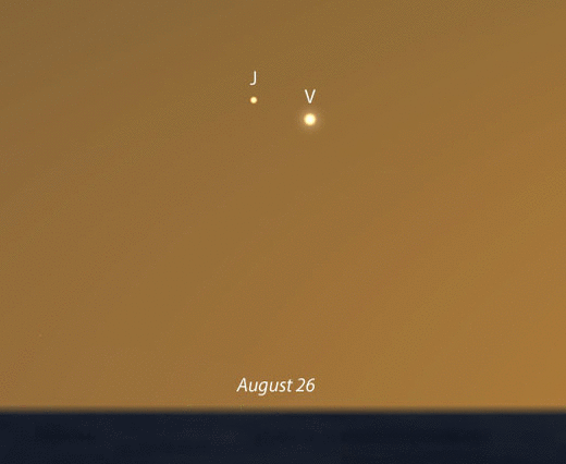 Venus and Jupiter do a little square dance over the nights of August 26-28. Jupiter is headed westward toward conjunction with the sun, while Venus is moving away from the sun from our perspective. Stellarium