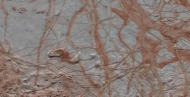 Images from NASA's Galileo spacecraft show the intricate detail of Europa's icy surface. A tunnelling robot would be just the vehicle to explore the oceans under the ice. Image: NASA/JPL-Caltech/ SETI Institute