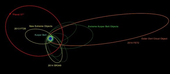 An illustration of the orbits of the new and previously known extremely distant Solar System objects. The clustering of most of their orbits indicates that they are likely be influenced by something massive and very distant, the proposed Planet X. Credit: Robin Dienel/Carnegie Science