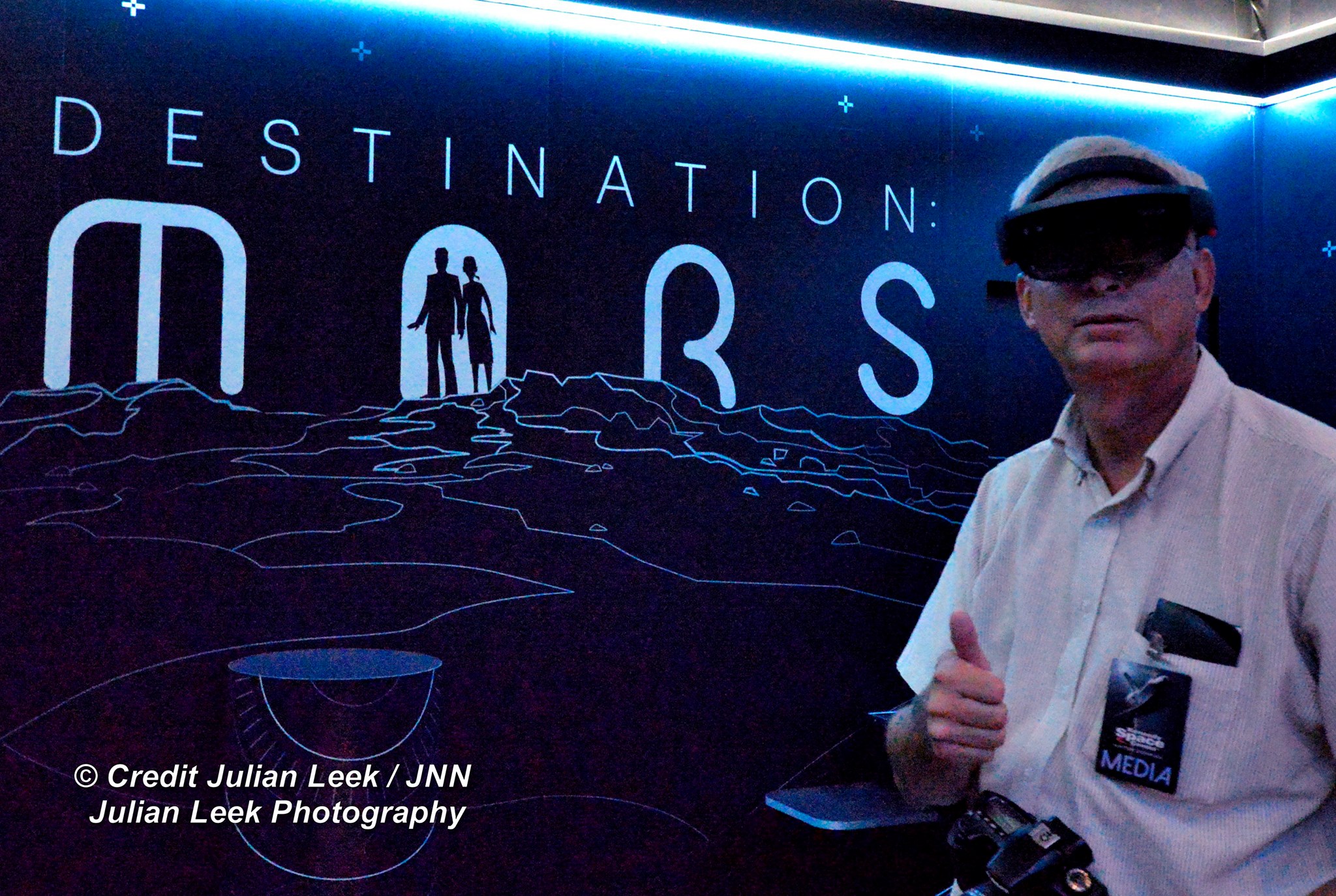 Inside the Destination Mars exhibit area, Ken Kremer of Universe Today is fitted with the Microsoft HoloLens gear. Credit Julian Leek 