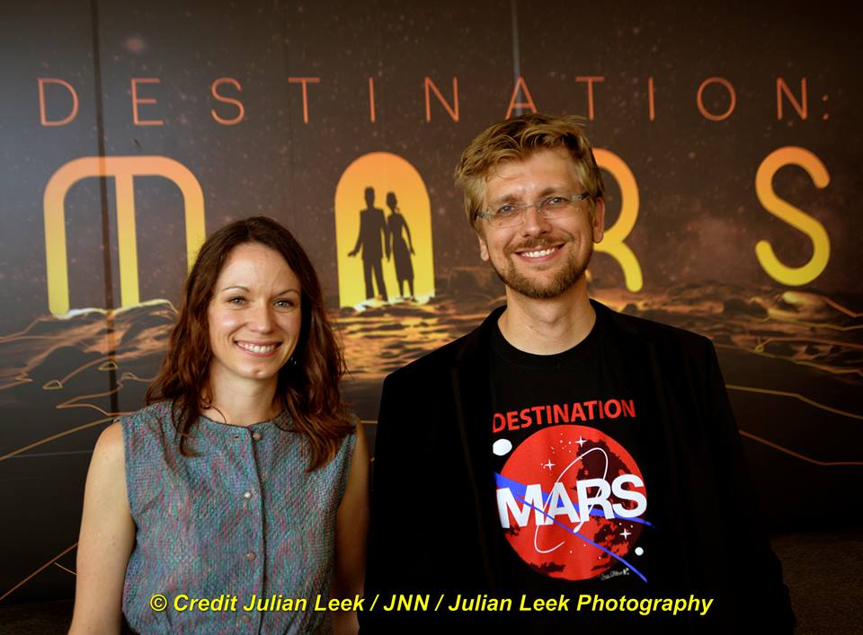 Curiosity rover driver Erisa Hines and Jeff Norris of NASA's Jet Propulsion Laboratory at the grand opening for Destination Mars at the Kennedy Space Center visitor complex in Florida on Sept. 18, 2016. Credit Julian Leek